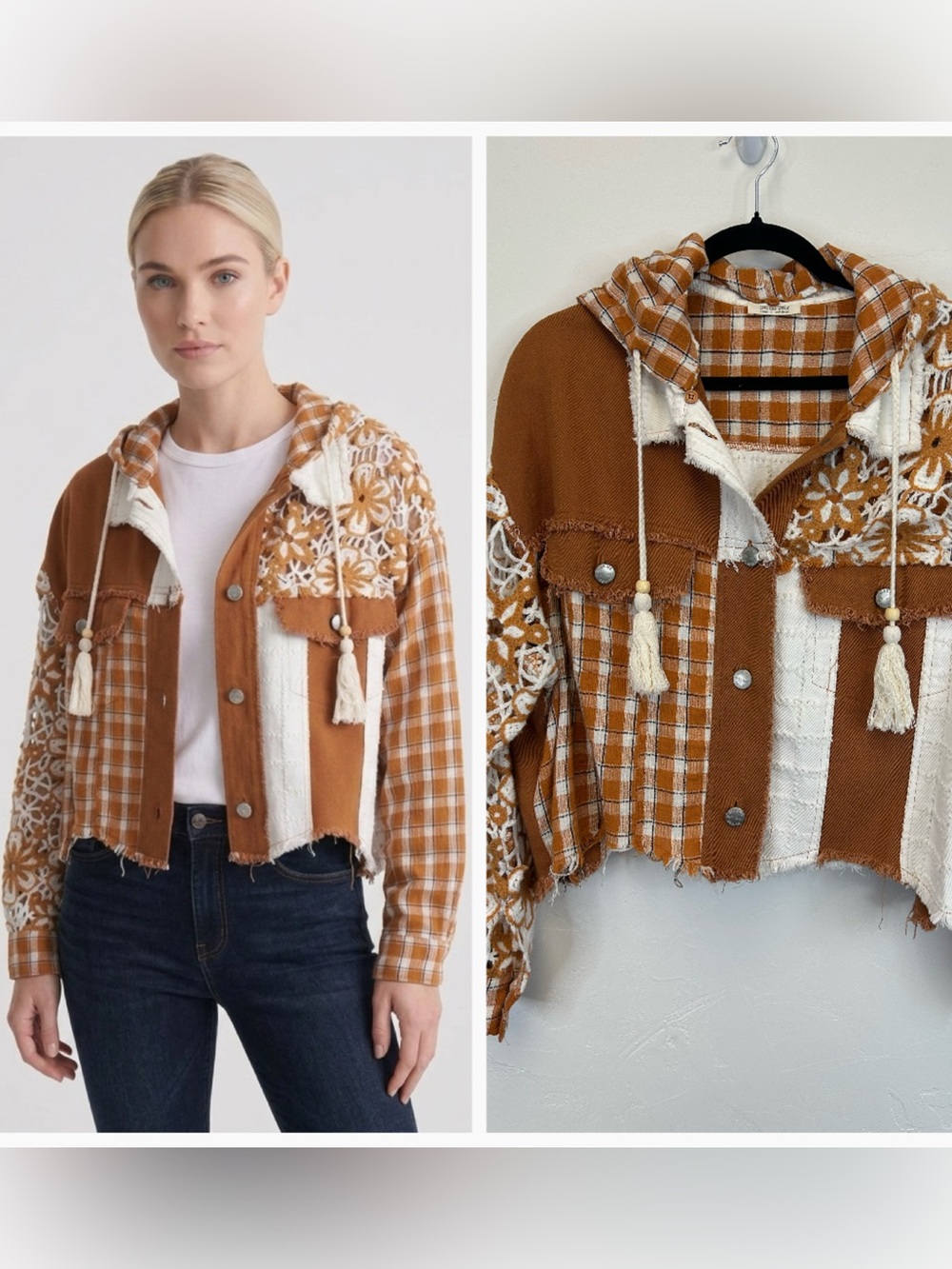 Patchwork Crotchet Hooded‎ Jacket Size L Boho Miss Me Button Up Cottagecore